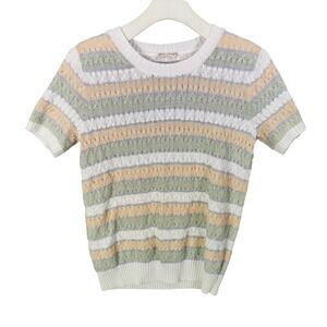 Hem & Thread Striped Knit Crochet Sweater Top Womens Large Short Sleeve Pastel